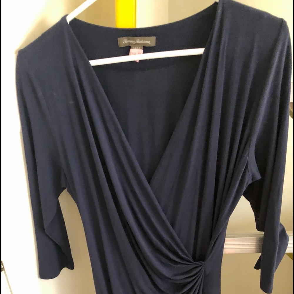 Navy blue Tommy Bahama faux wrap dress with 3/4 sleeves